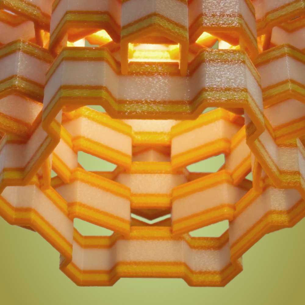 Hexy yellow and orange pendant lamp seen from the bottom