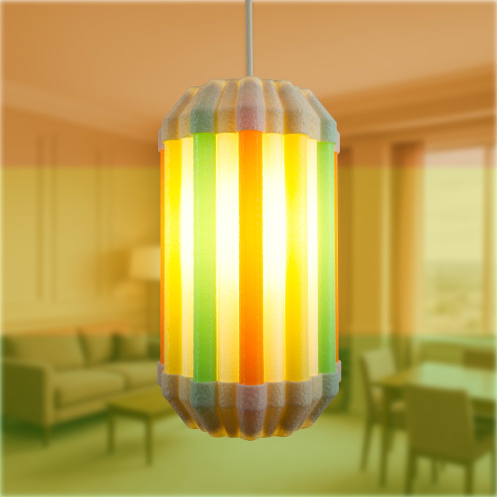Drapes citrus pendant lamp hanging in a golden high-rise apartment