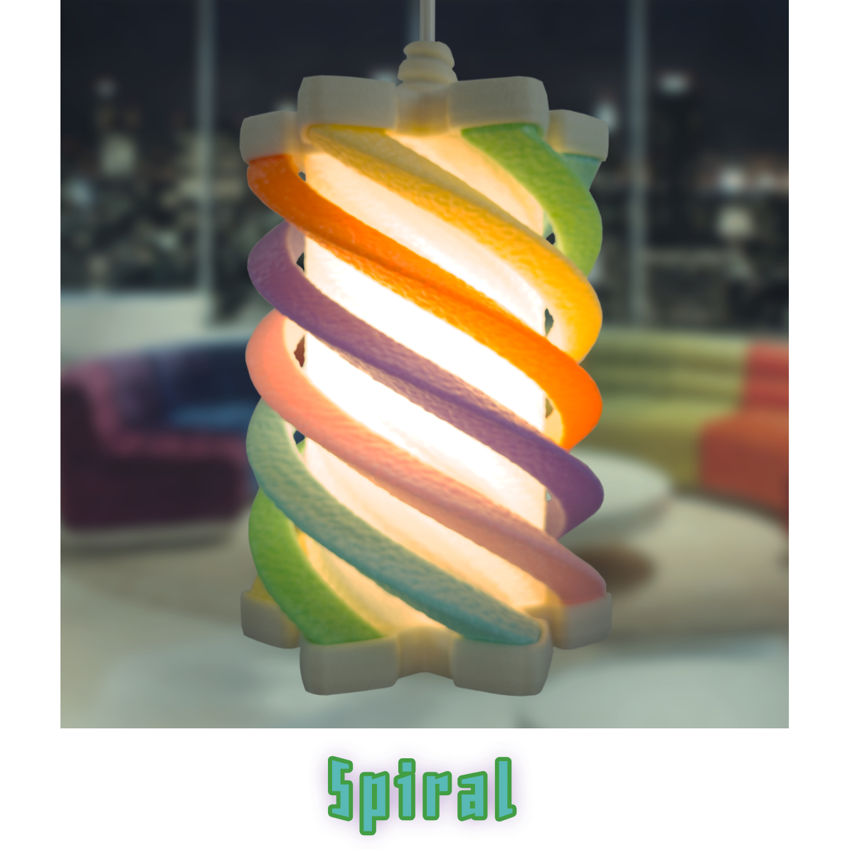 Rainbow Spiral pendant lamp hanging in a colorful high-rise apartment