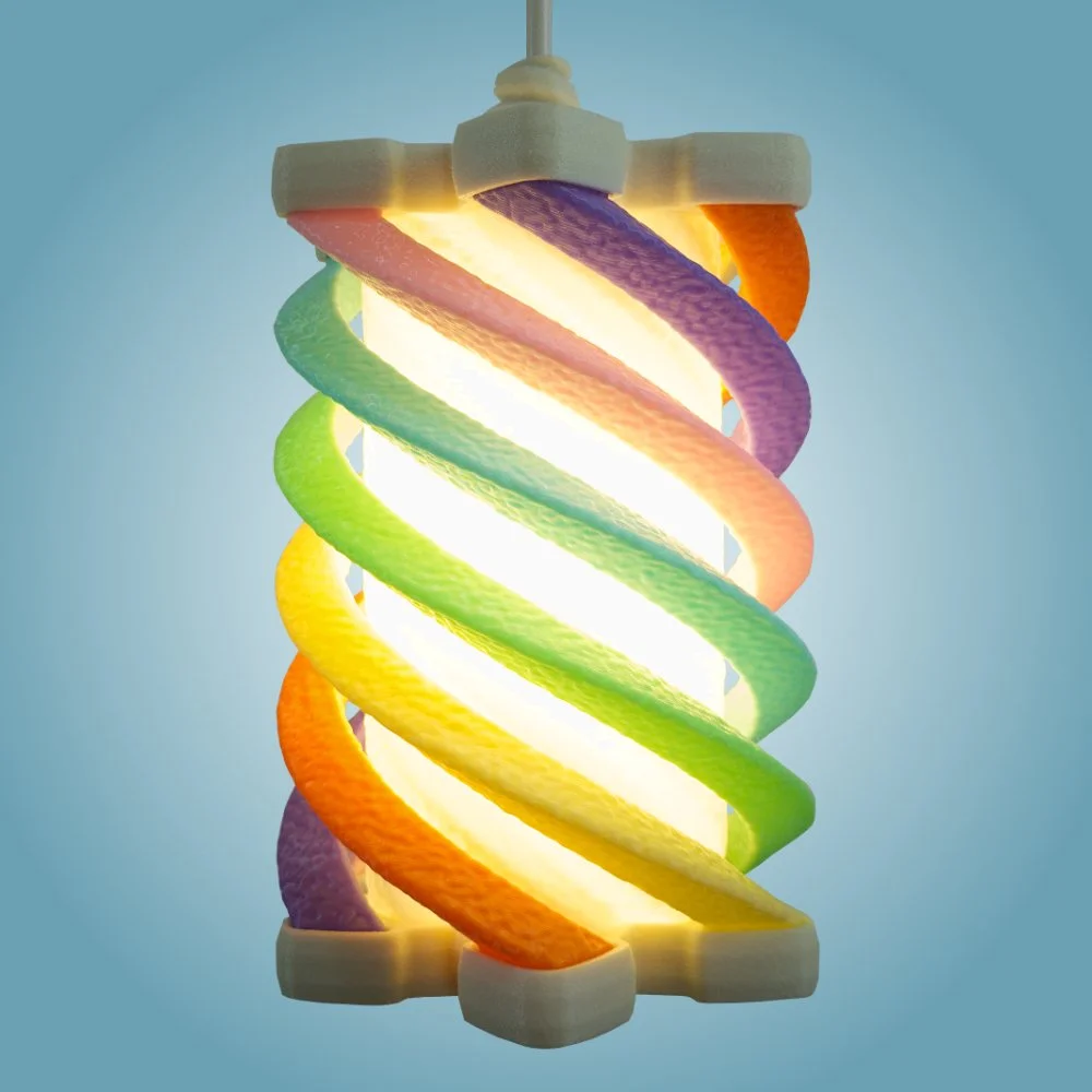 Spiral rainbow pendant lamp seen from the front