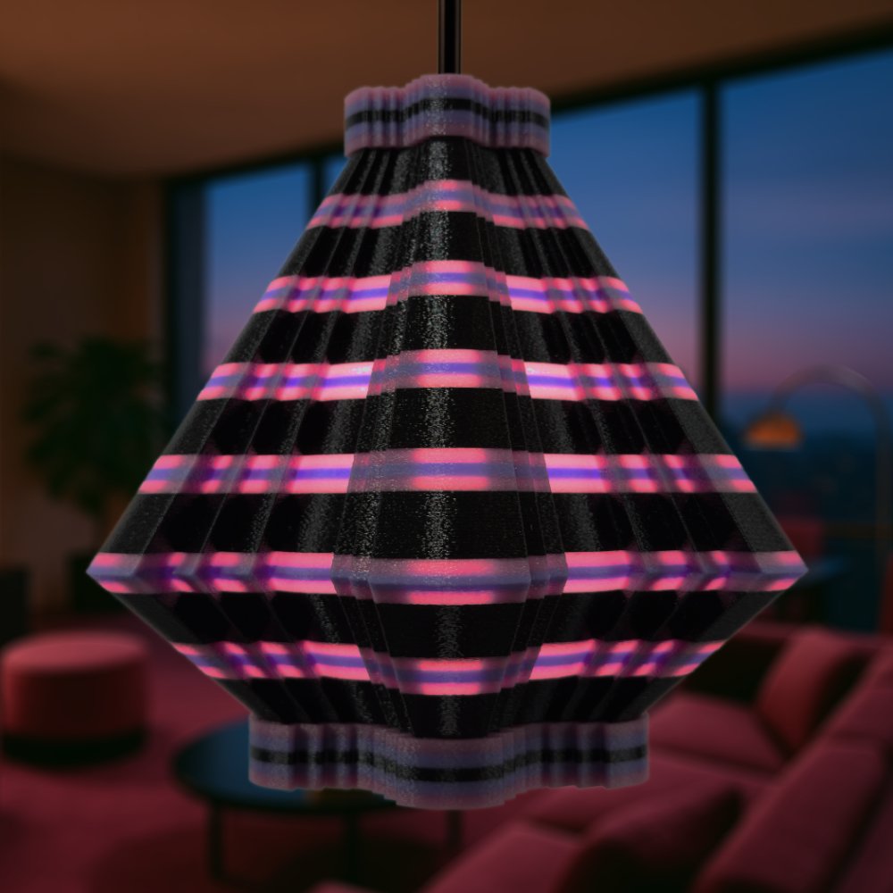 Facets plum and black pendant lamp hanging in a dusky high-rise apartment