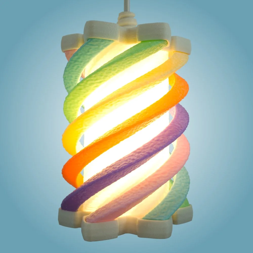 Spiral rainbow pendant lamp seen from the side
