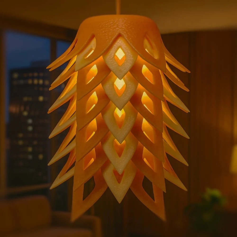 Pinecone orange and lemon pendant lamp glowing in a city penthouse