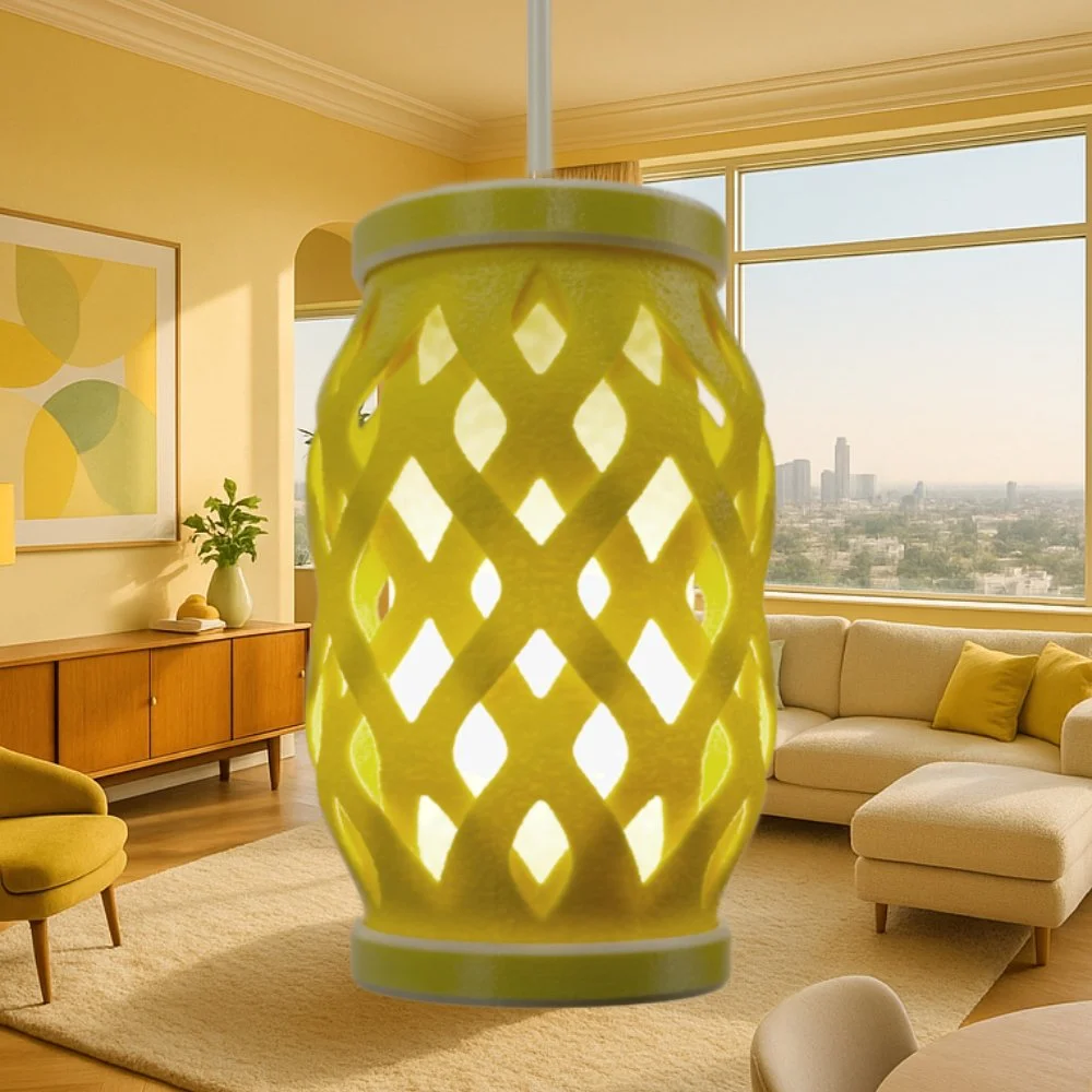 Wovenly yellow pendant lamp hanging in a warm high-rise apartment