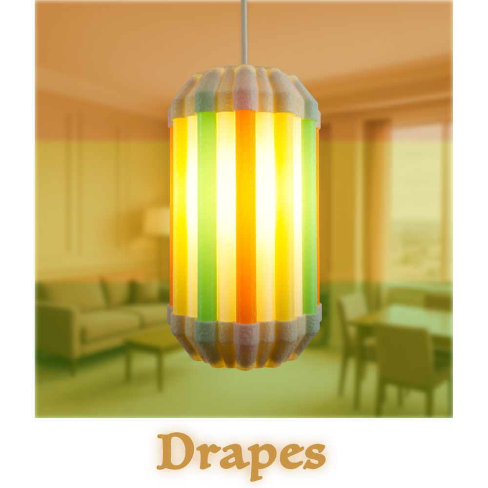 Drapes pendant lamp hanging in a sunlit high-rise apartment with a daytime city view