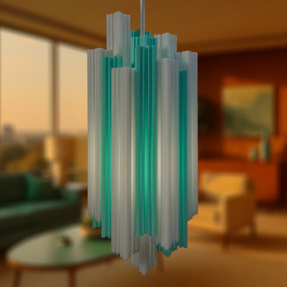 Churros pendant lamp in blue hanging in a warm high-rise apartment