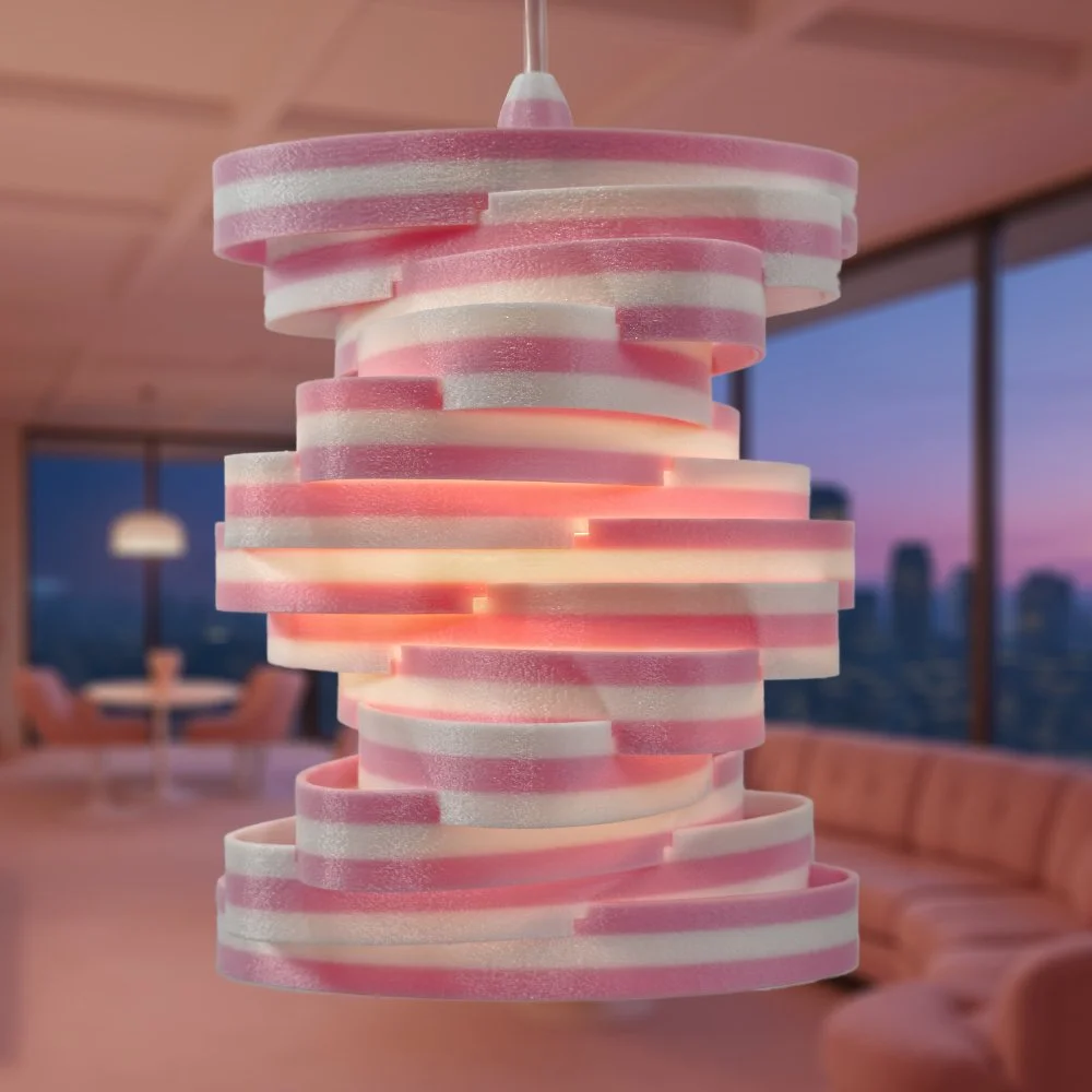 Spinoval pink pendant lamp hanging in a warm high-rise apartment