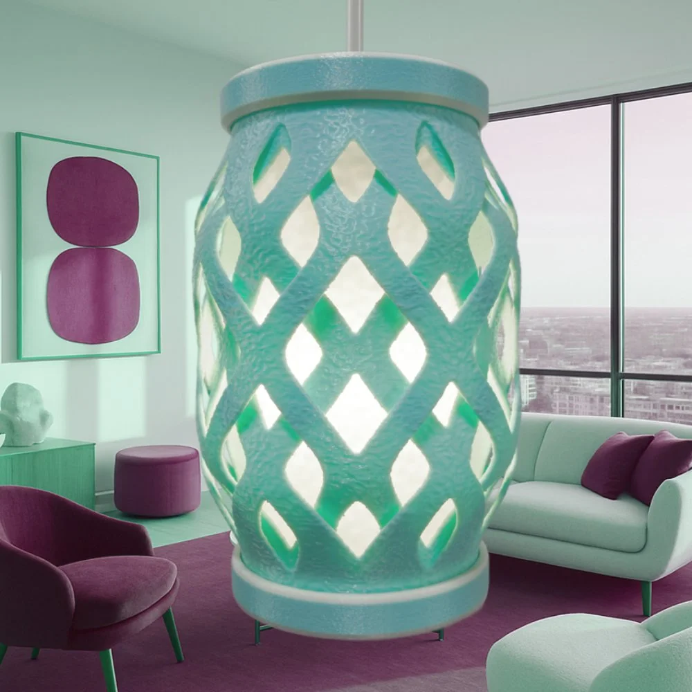 Wovenly blue pendant lamp hanging in a warm high-rise apartment
