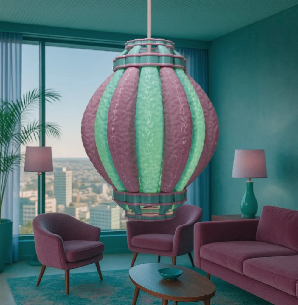 Airship pendant lamp in berry colors hanging in a warm high-rise apartment