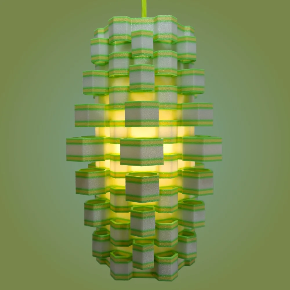 Hexy yellow and green pendant lamp seen from the side