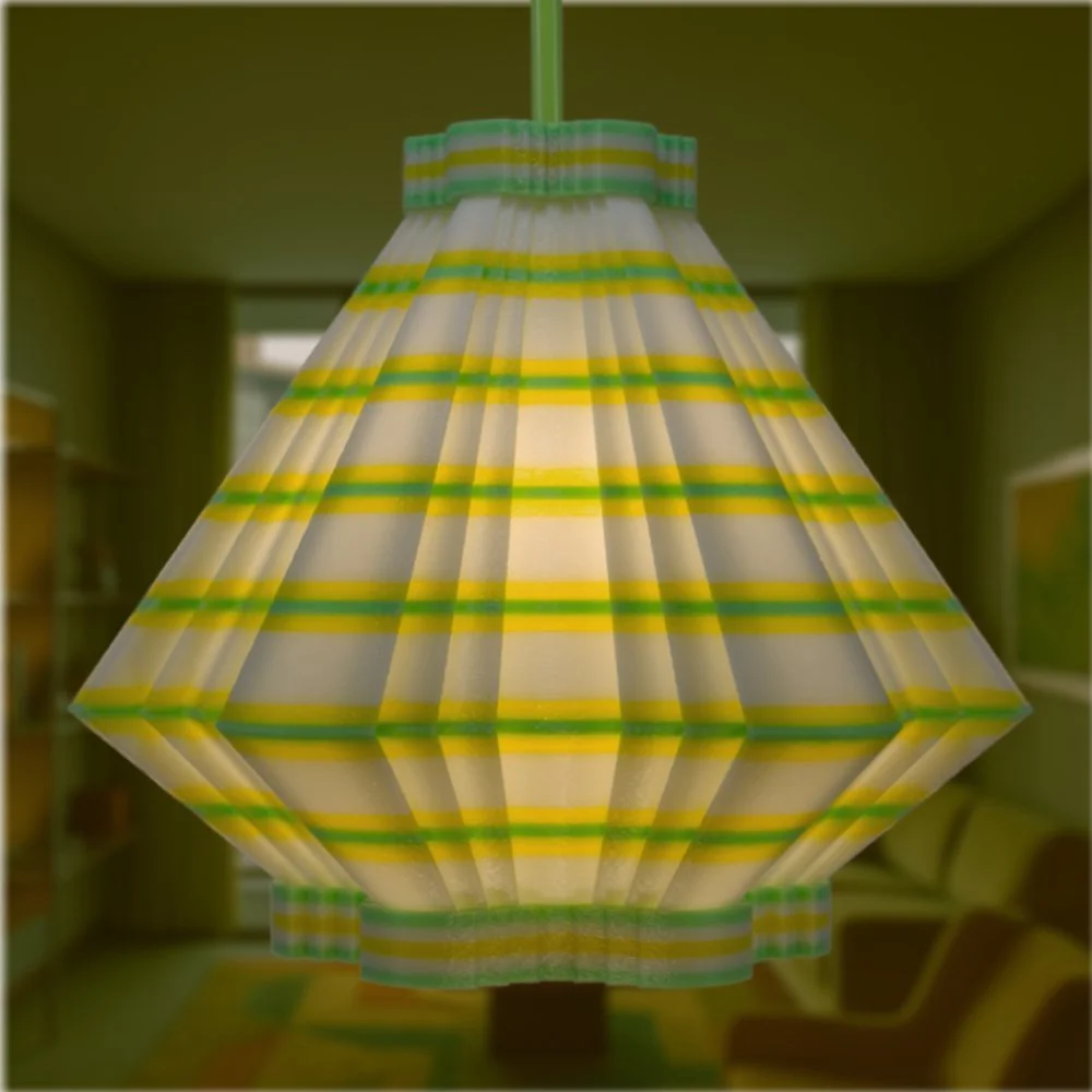 Facets green and yellow pendant lamp hanging in a high-rise apartment