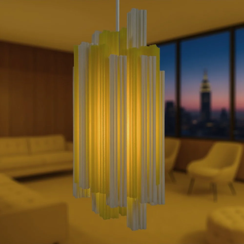 Churros pendant lamp in yellow hanging in a high-rise apartment at dusk