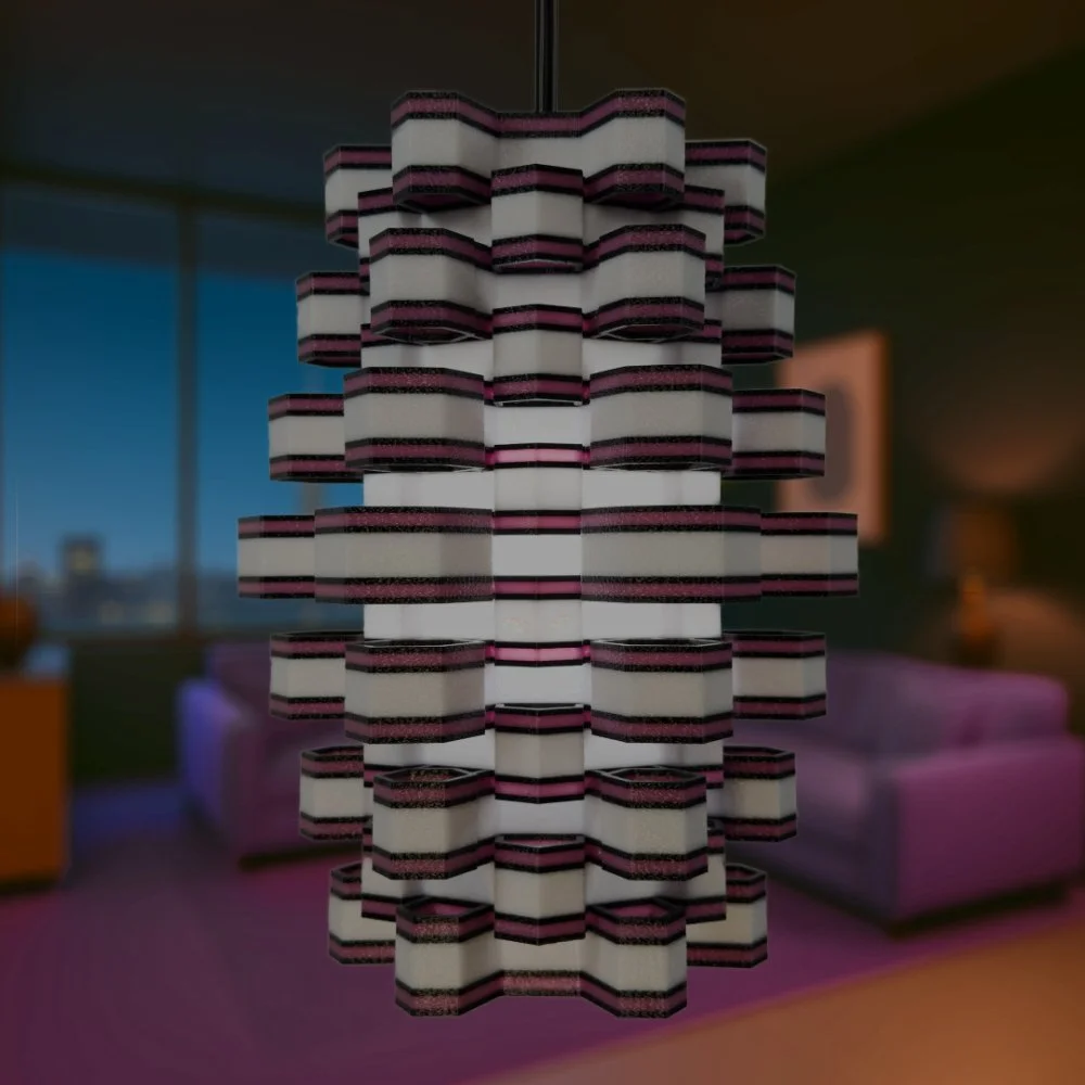 Hexy black and plum pendant lamp glowing in a city penthouse