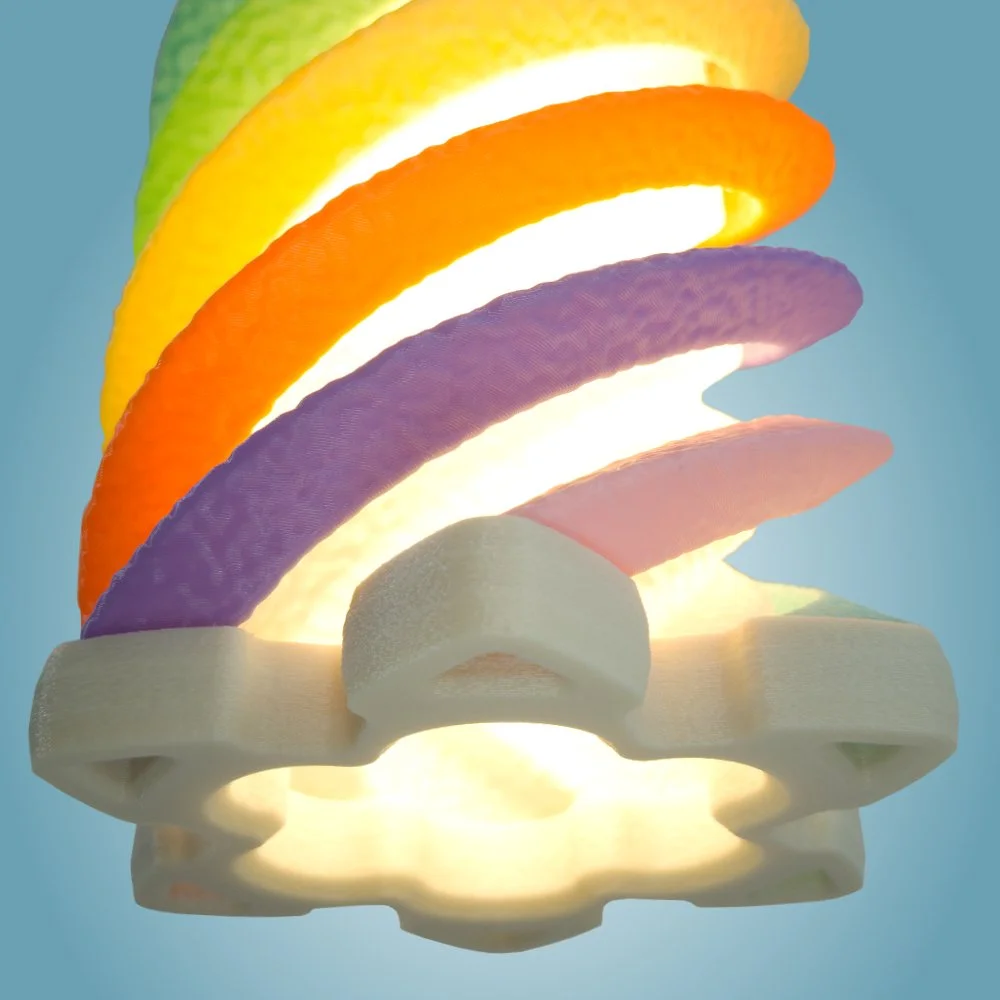 Spiral rainbow pendant lamp seen from the bottom