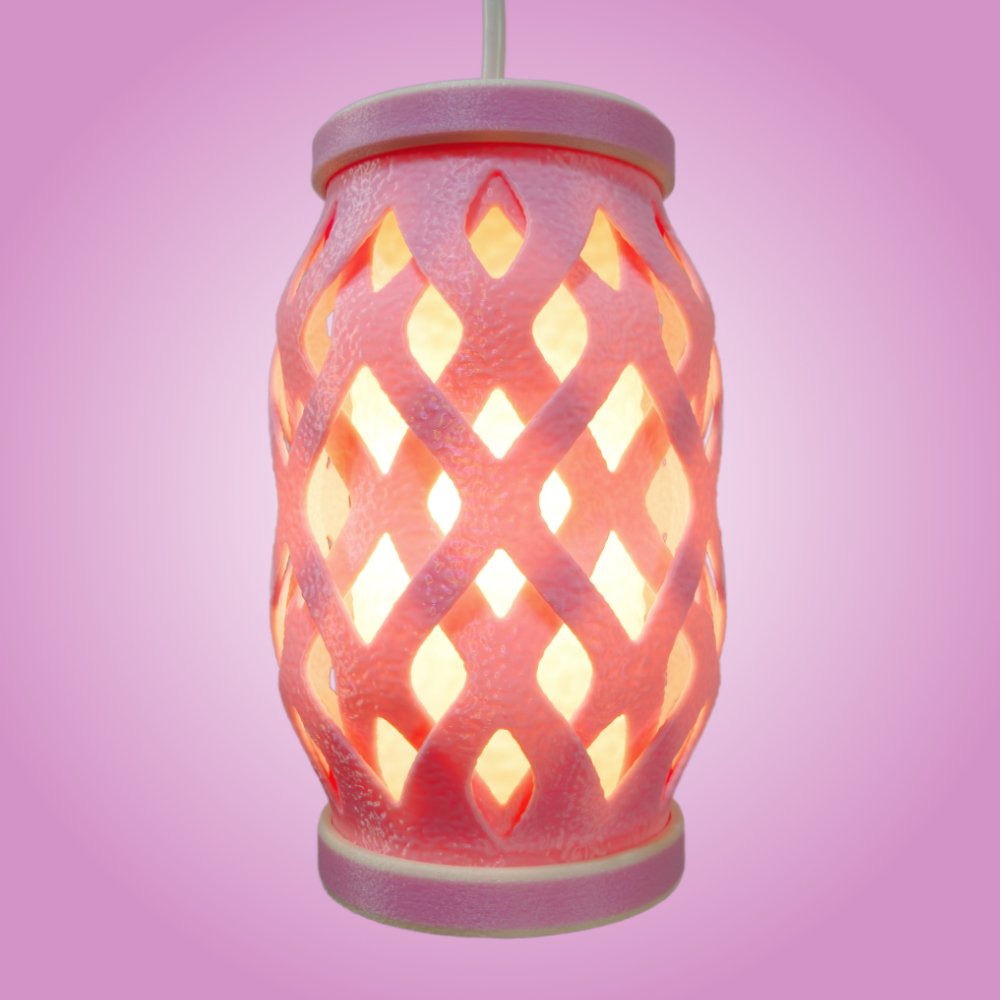 Wovenly pink pendant lamp seen from the front