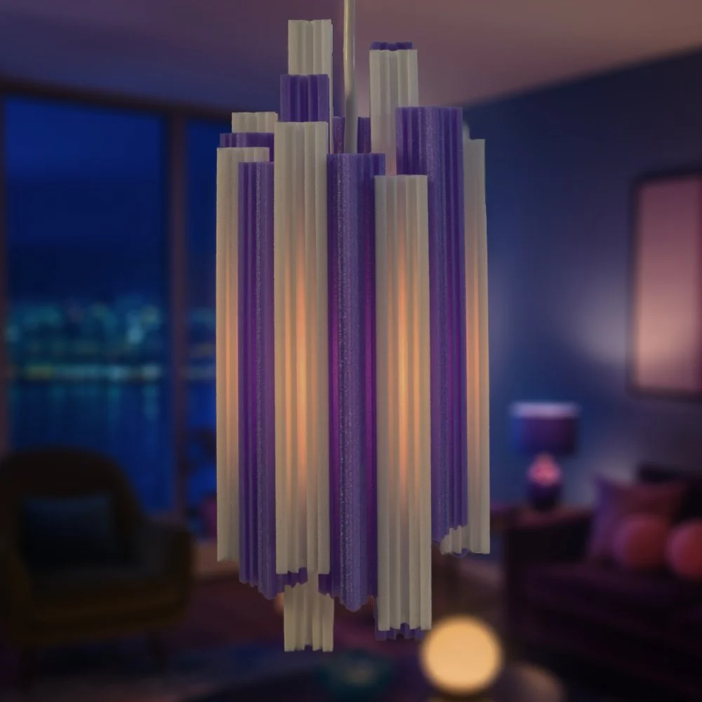 Churros purple pendant lamp hanging in a warm high-rise apartment