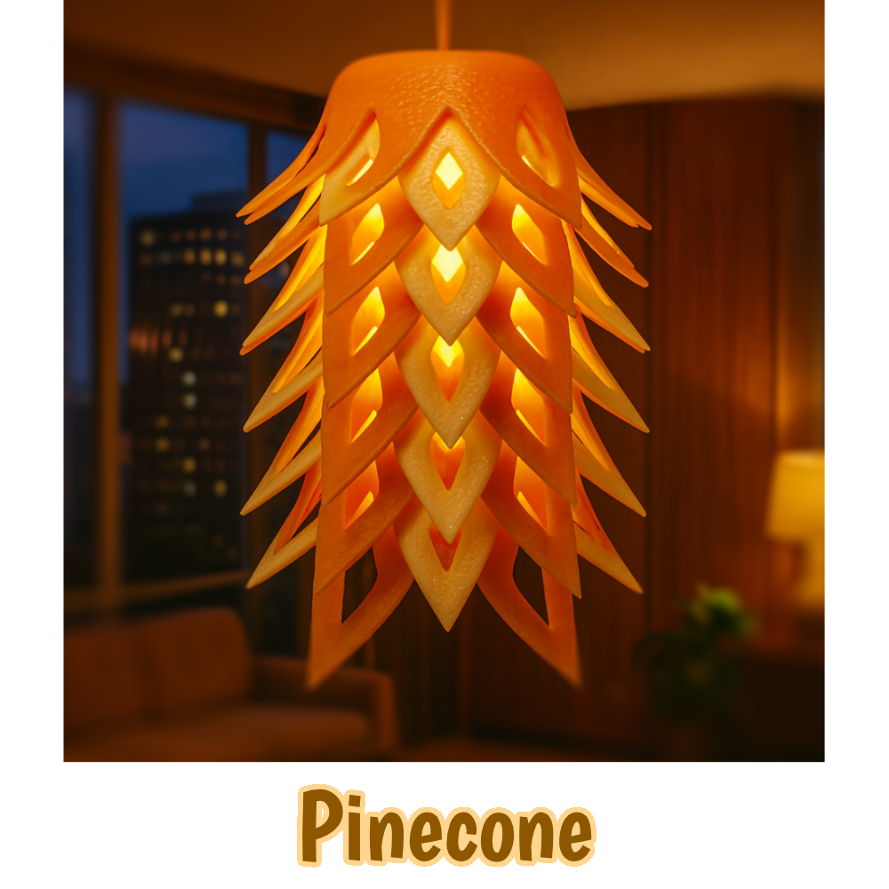 Pinecone pendant lamp hanging in a warm high-rise apartment with a city view at dusk