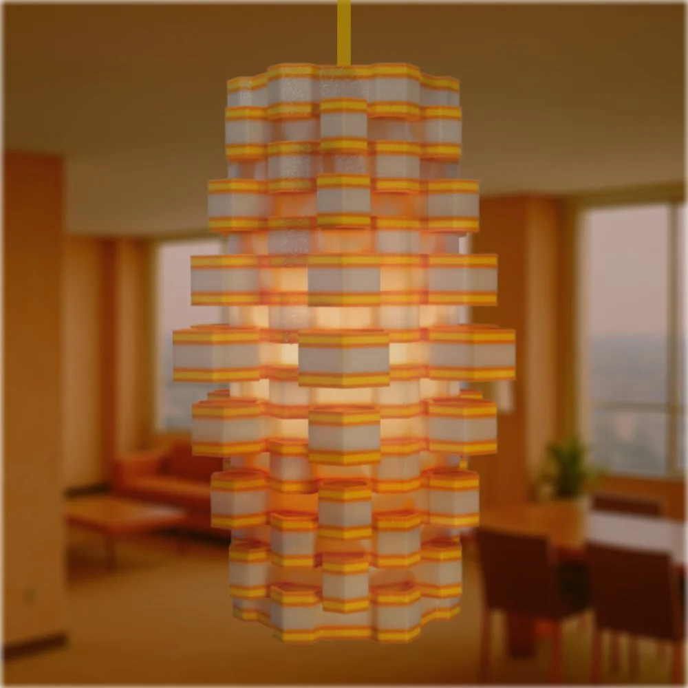 Hexy yellow and orange pendant lamp glowing in a city penthouse
