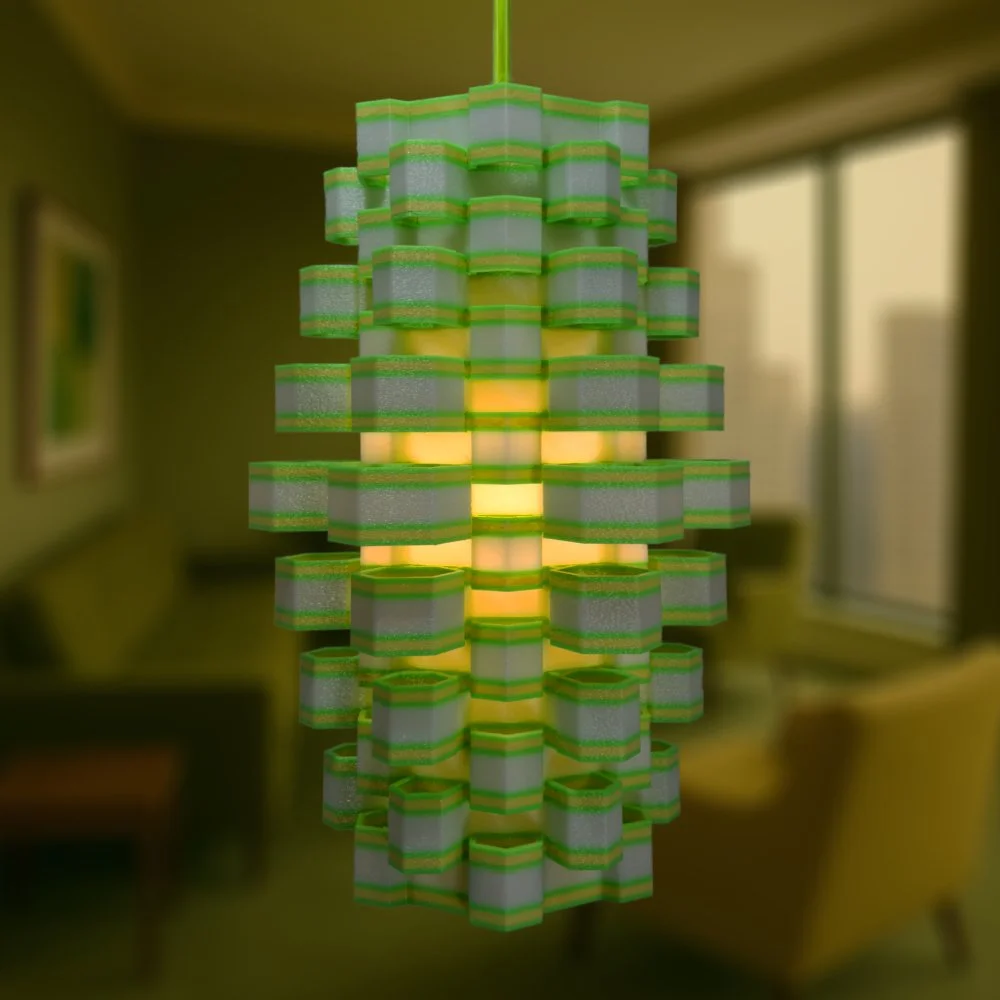 Hexy yellow and green pendant lamp hanging in a warm high-rise apartment