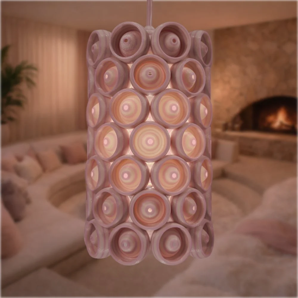 Cups pink pendant lamp hanging in a pink high-rise apartment