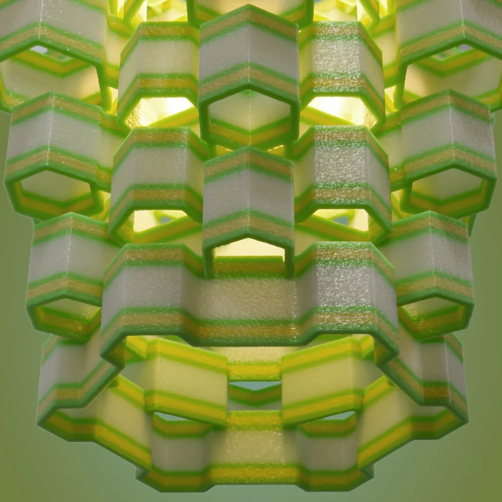 Hexy yellow and green pendant lamp seen from the bottom