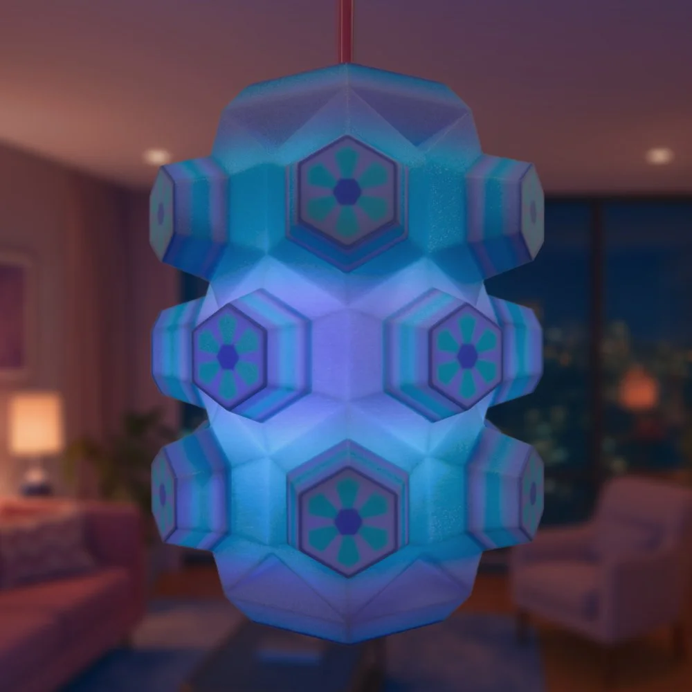 Honeycomb berry pendant lamp glowing in a dimly lit city loft