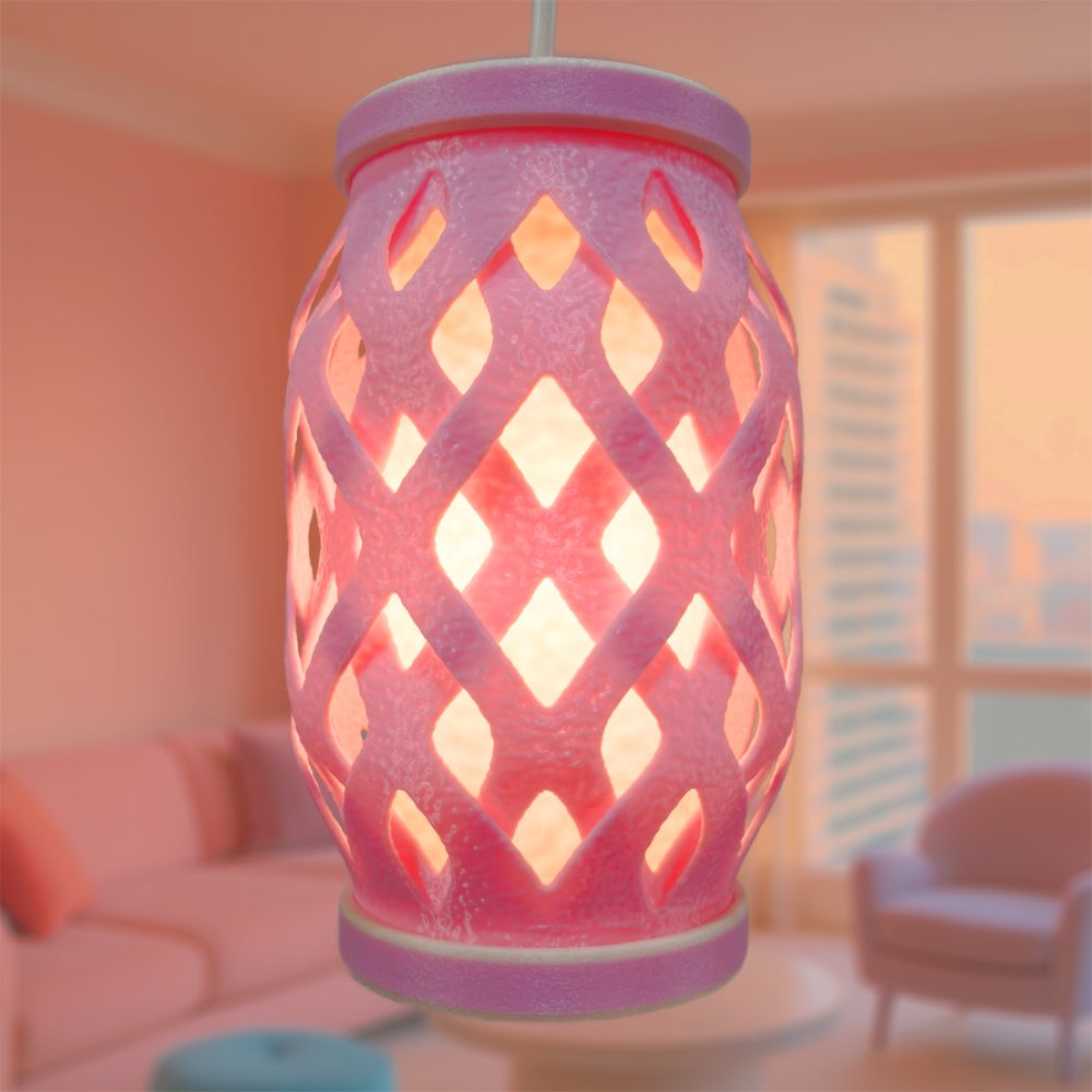 Wovenly pink pendant lamp hanging in a warm high-rise apartment