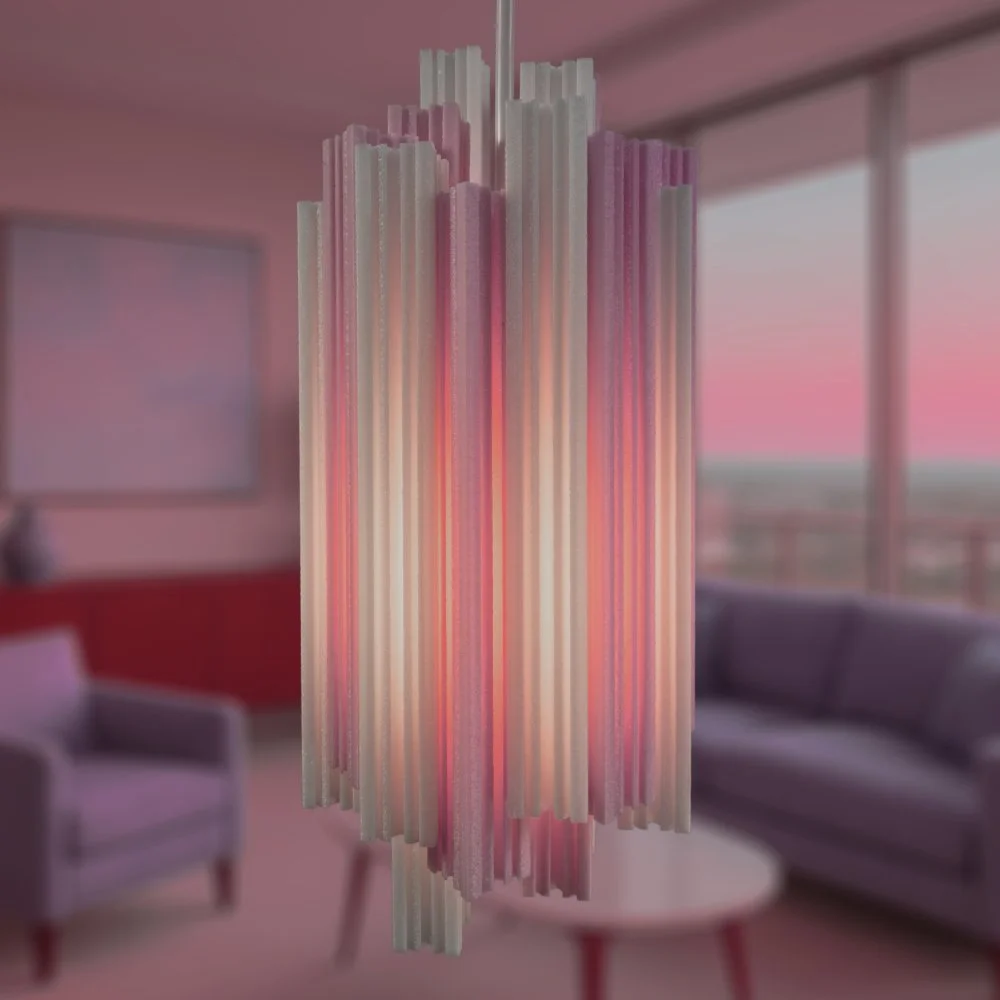 Churros pink pendant lamp hanging in a warm high-rise apartment