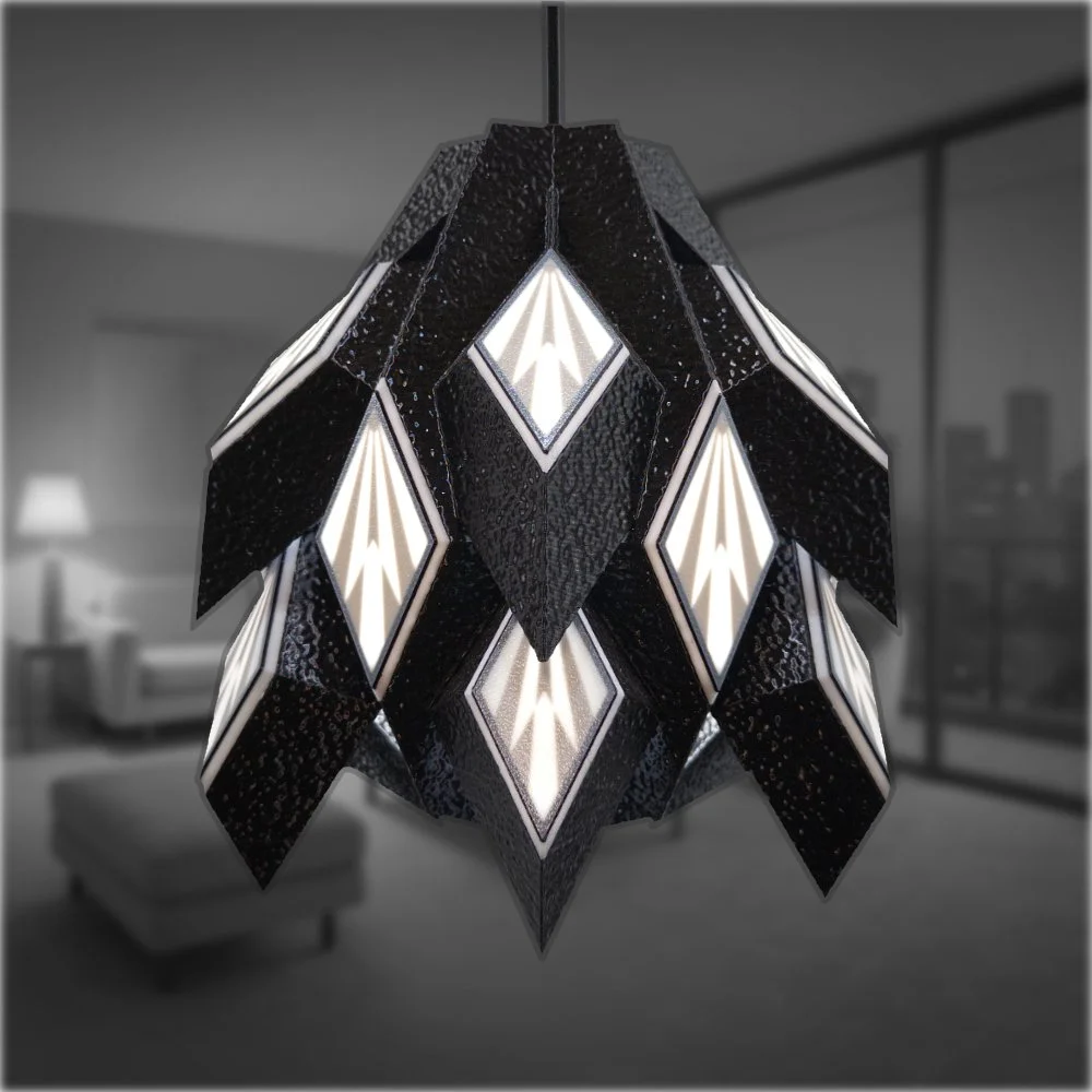 Acorn pendant lamp in black hanging in a noir high-rise apartment