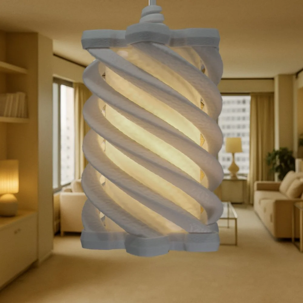 Spiral white pendant lamp hanging in a warm high-rise apartment