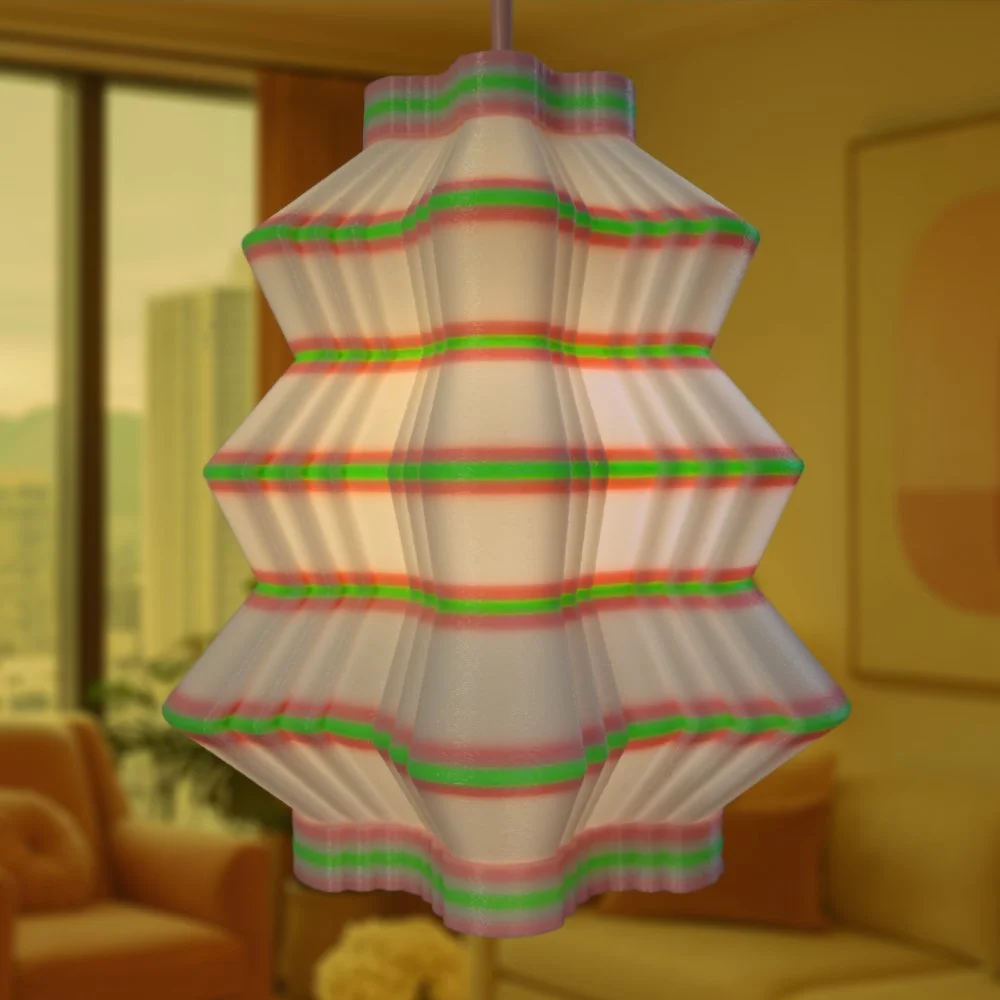 Scallops pink and green pendant lamp glowing in a modern downtown interior