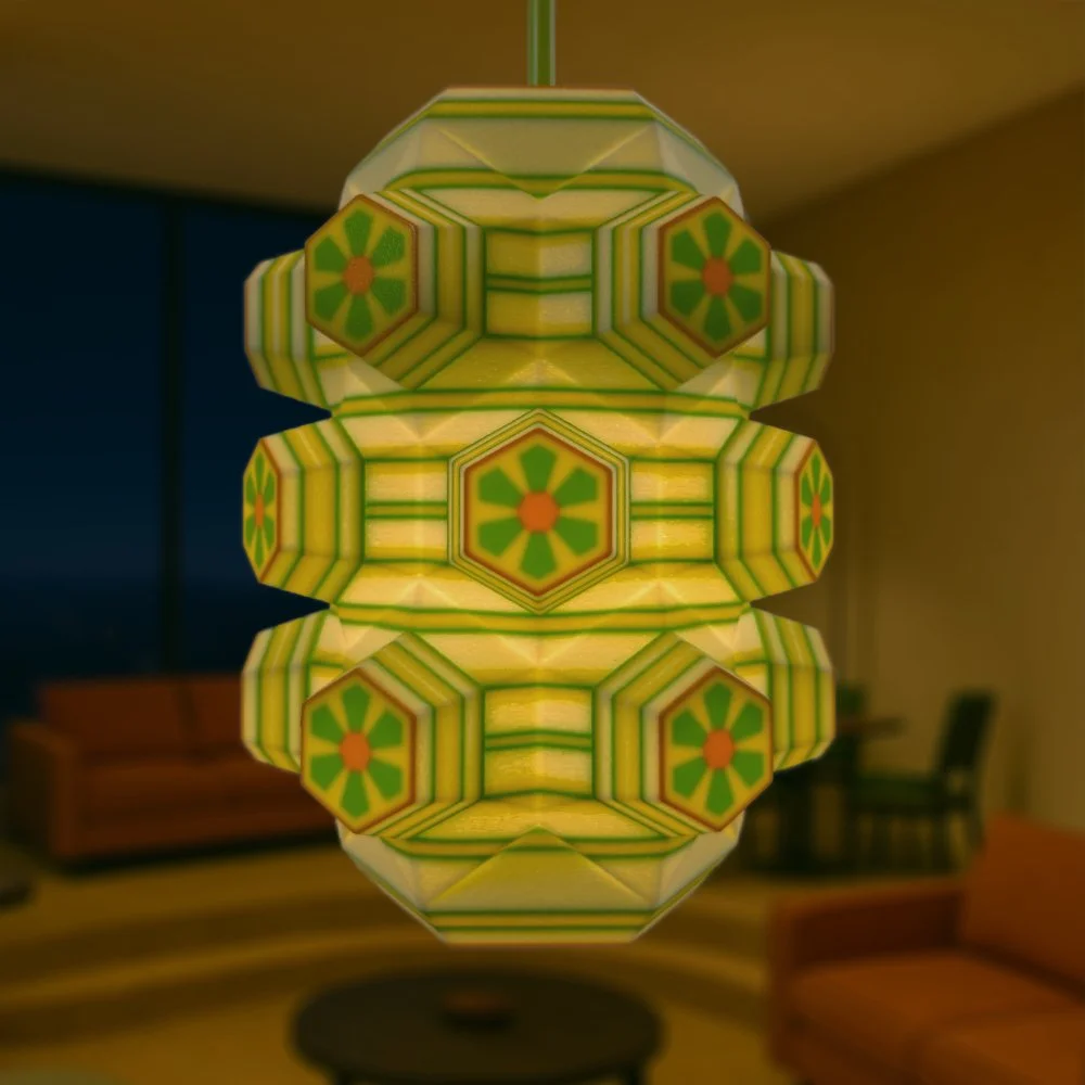 Honeycomb citrus pendant lamp glowing in a dimly lit city loft
