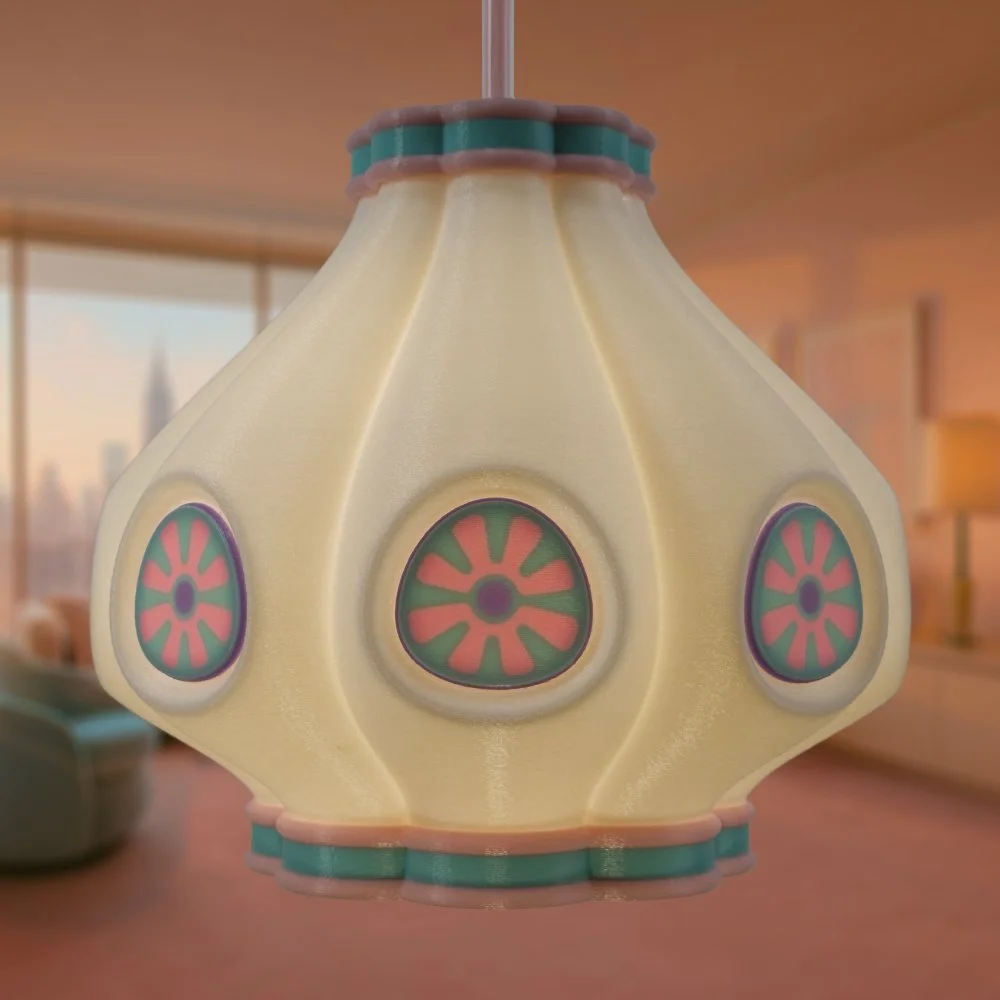 Garlic pendant lamp in berry colors hanging in a warm high-rise apartment