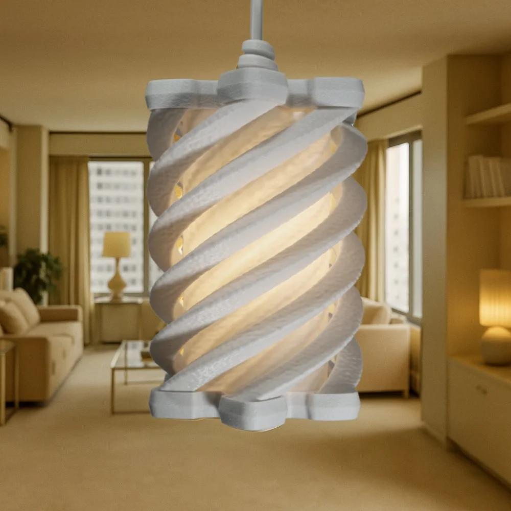 Spiral white pendant lamp hanging in a warm high-rise apartment
