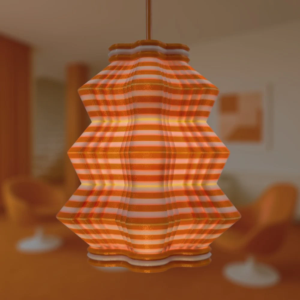 Scallops orange pendant lamp glowing in a city penthouse