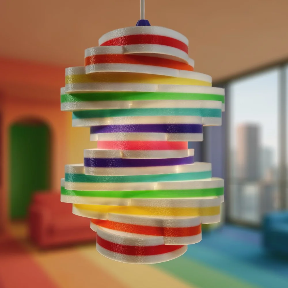 Spinoval rainbow pendant lamp hanging in a warm high-rise apartment