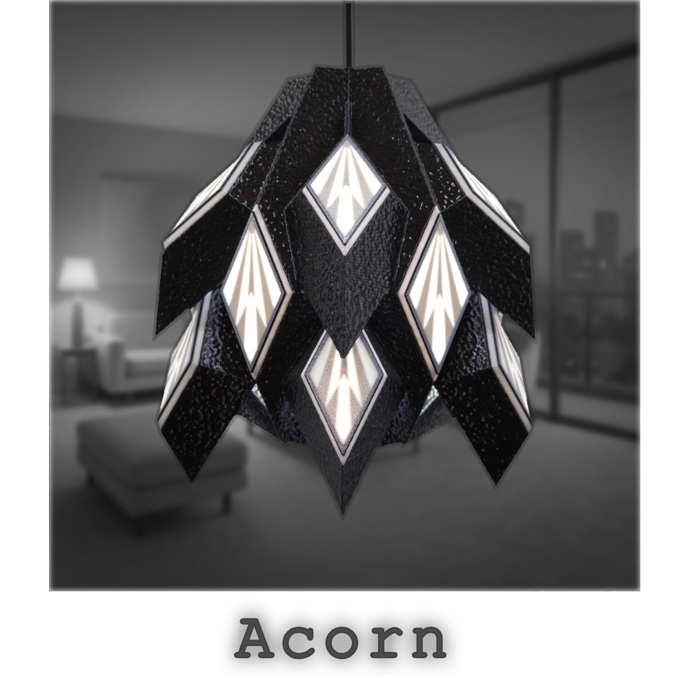 Acorn pendant lamp hanging in a dusky noir high-rise apartment