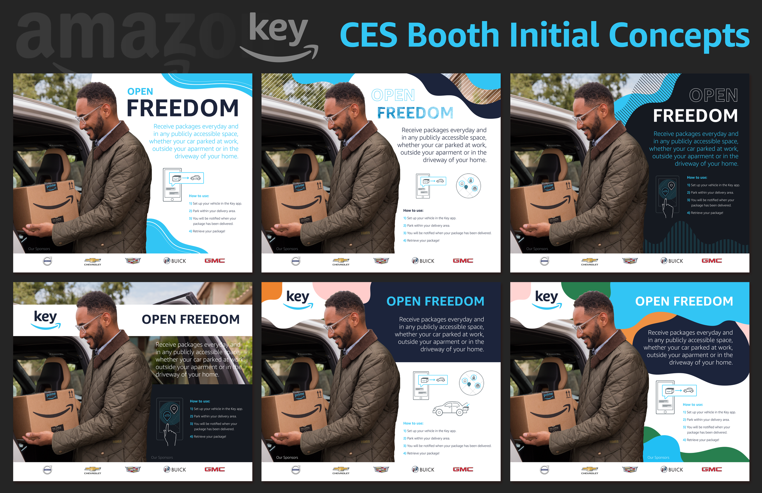 Here is a sampling of board concepts that I created and walked through with the Amazon Key Team. These concepts tackled design solutions that varied from more simplistic text treatments (top and bottom left) to more adventurous dynamic treatments (top and bottom right).