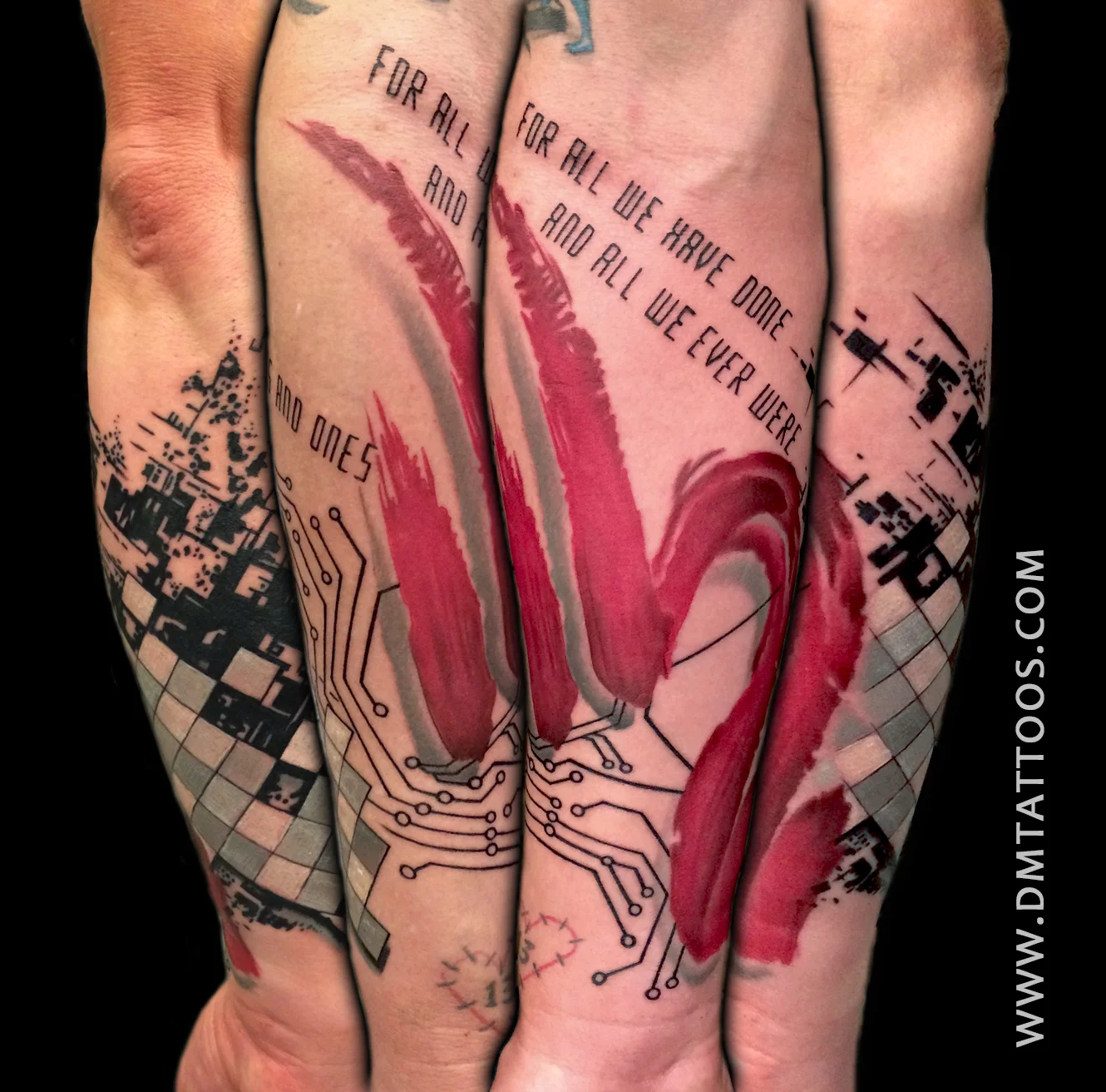 Abstract Trash Polka Style Half-sleeve Tattoo by David Mushaney