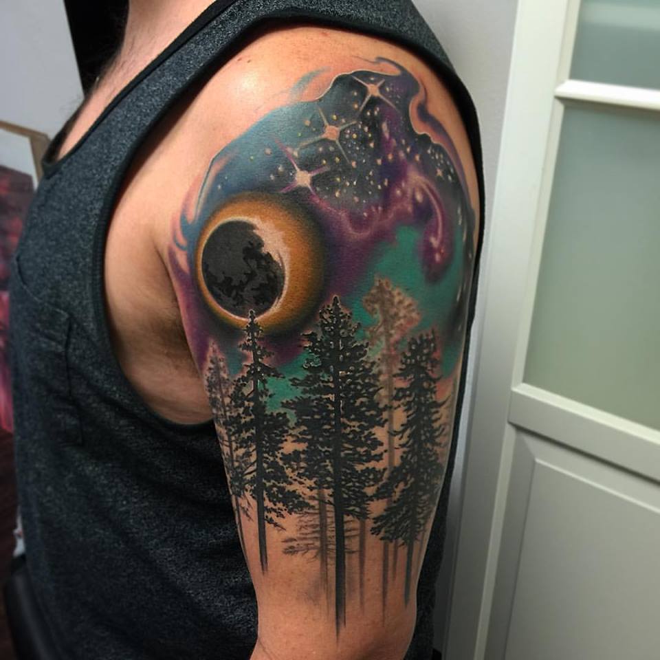 Eclipse and Trees Tattoo by David Mushaney