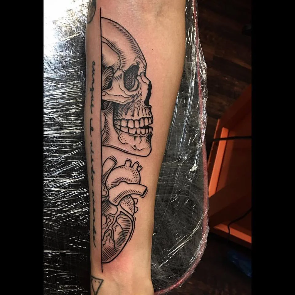 Blackwork Skull and Anatomical Heart