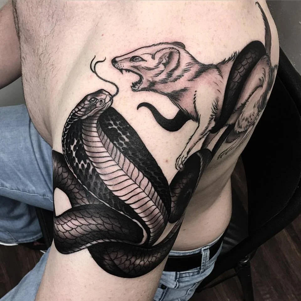 Blackwork Mongoose and Cobra Tattoo by David Mushaney