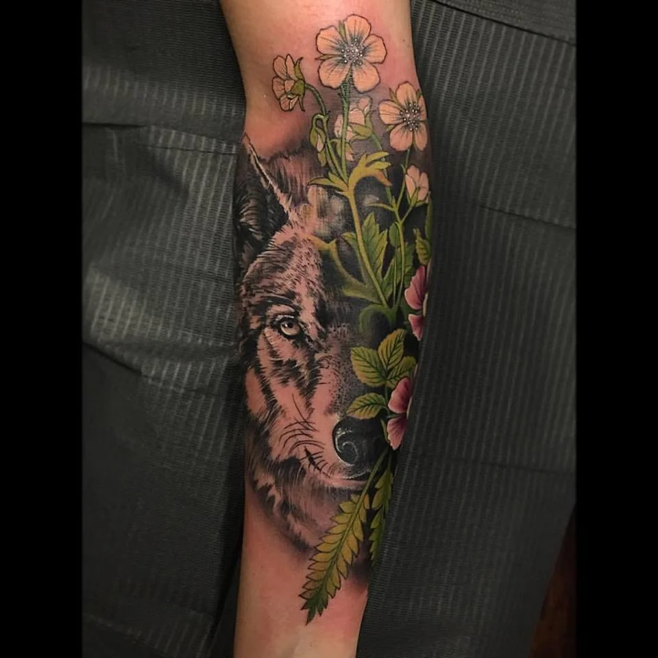 Wolf and Flower Tattoo by David Mushaney
