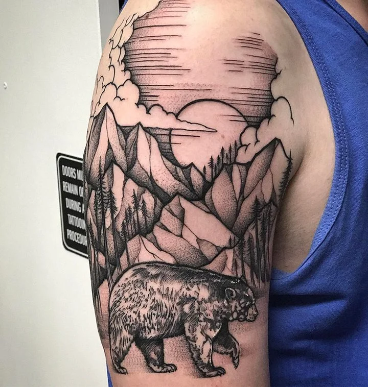 Blackwork Landscape Tattoo by David Mushaney