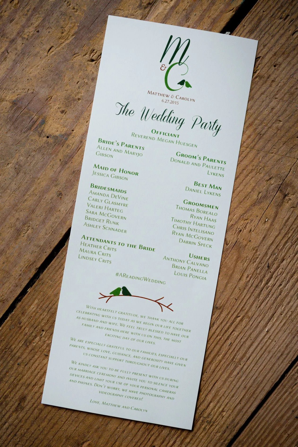   matt &amp; carolyn | ceremony program   courtesy of: heidi e reuter photography  