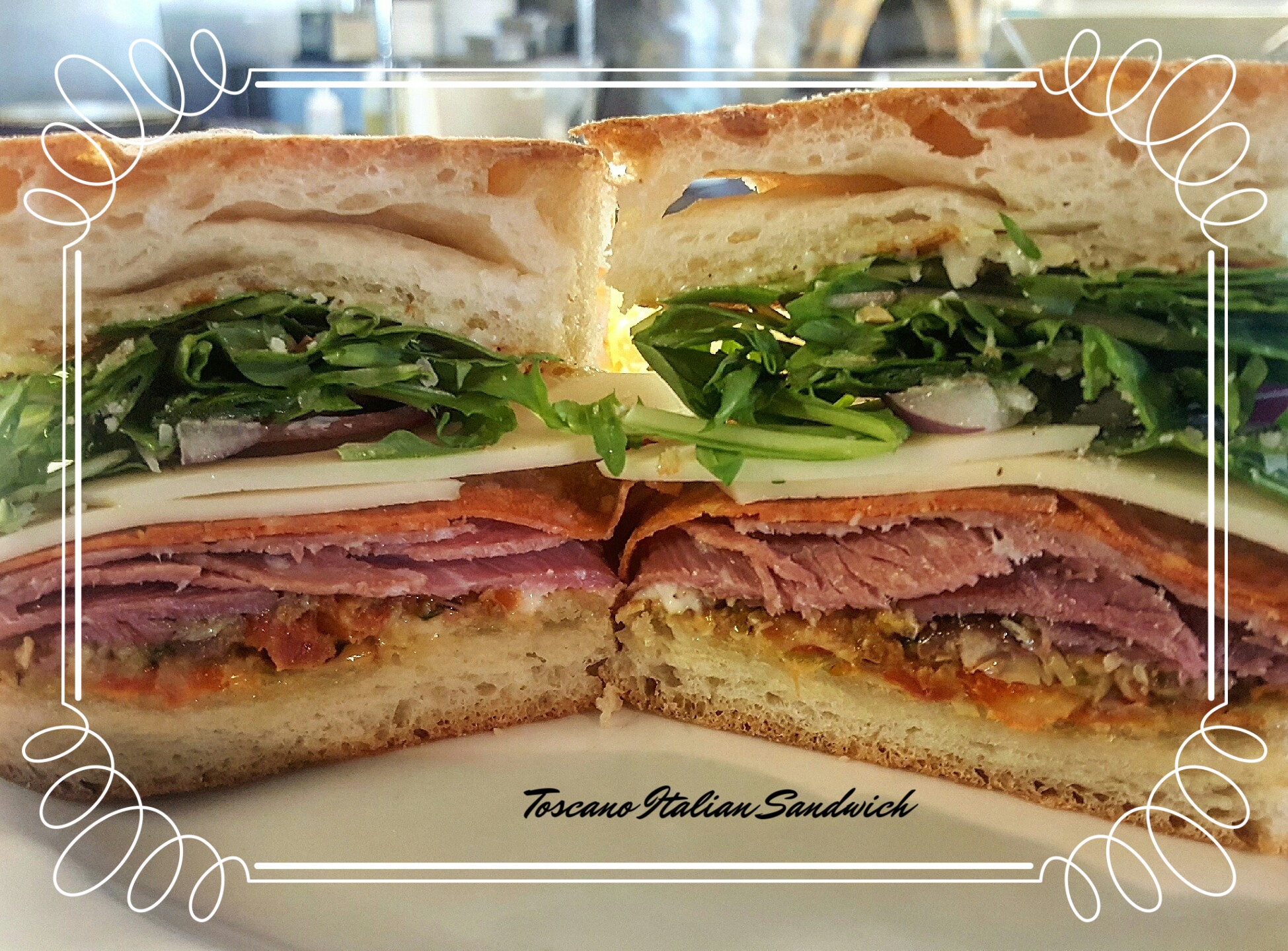 Toscano Italian Sandwich- Salami, Capicola, Pepperoni, Olive Relish, Provolone, Red Onion, Arugula, Garlic Aioli, Pecorino Cheese