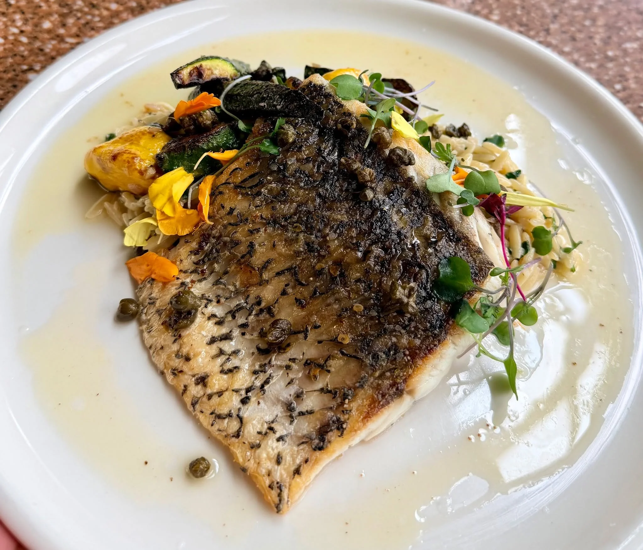 Crispy-skinned Australian barramundi served over lemon-herb orzo with baby squash, finished with a brown butter caper sauce.