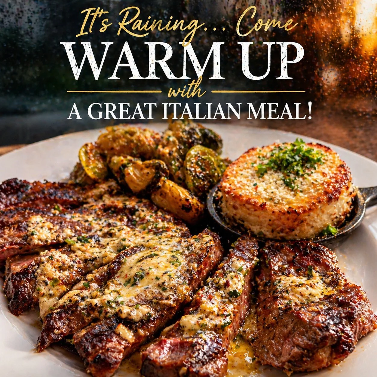 Warm up with a perfectly cooked classic: a 10 oz New York strip steak topped with house-made compound butter, served alongside creamy gratin potatoes and roasted Brussels sprouts finished with a sweet and smoky chipotle-honey glaze.