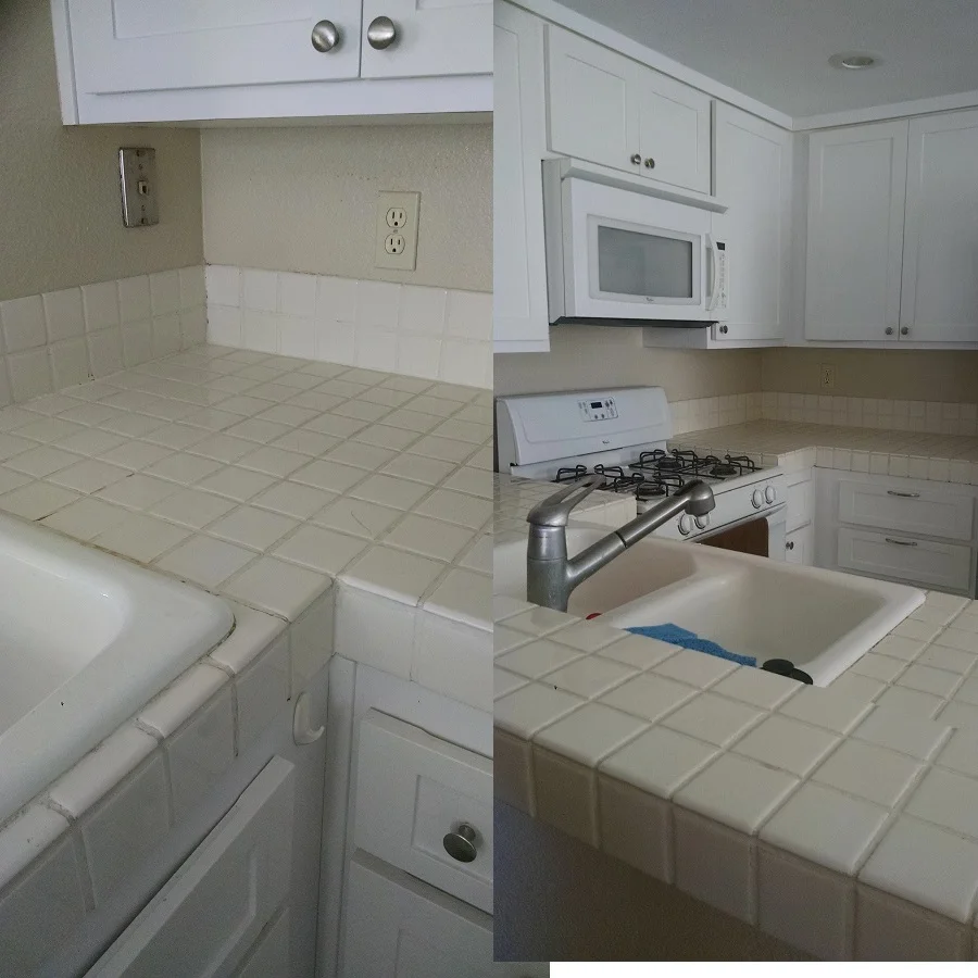 These are some before pictures of my friend Emily's kitchen. She really needed a fix but didn't have a budget right now to support brand new countertops. She asked for help and we employed the technique I'm talking about here.