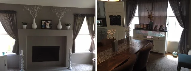 Living room and dining room are directly across from each other. Taupe on main walls and white on either end to help balance the two spaces visually.